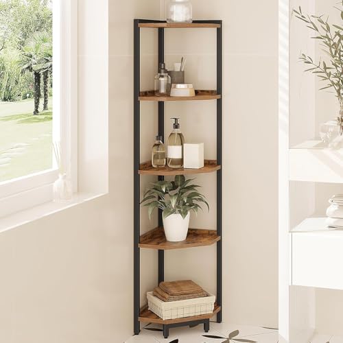 Hzuaneri Corner Shelf Stand, Corner Bookshelf, Storage Standing Shelf Unit with Metal Frame, Plant Stand, Bookcase for Living Room, Home Office, Bedroom, 5-Tier Rustic Brown CS05901B - color: Rustic Brown, size: 5 Tier