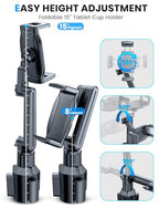 eSamcore Tablet Holder for Car, for iPad Stand Cup Holder Car Mount with 1.57" Depth Large Clamp 15" Height Adjustable Tab Mount Holder for 6"-12.9" Cell Phone iPhone Travel iPad Accessories