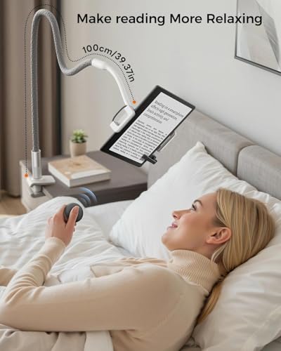 SAIJI Gooseneck Kindle Holder With Remote Page Turner, Tablet Holder for Bed, 39.3 in Flexible Lazy Arm，Free Hands Kindle Accessories, Leather Tablet Stand For Reading In Bed,Fits 4.7-11" Devices,Gray - color: Grey