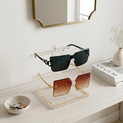 2-Tier Acrylic Sunglasses Display Stand, Clear Glasses Stand for 2 Pairs, Luxury Gold Trimmed Eyeglasses Holder for Oversized Frames & Reading Glasses, Compact Nightstand Desktop & Retail Counter - size: 1PC(2-TIER)