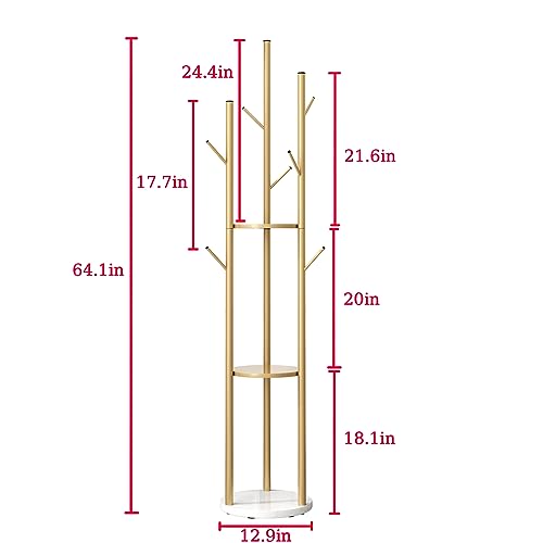 Gold Coat Racks Freestanding with 9 Hooks, Metal Coat Stand with Heavy Marble Base, Entryway Coat Tree Hanger, Purses Racks - style: Coat-13''W