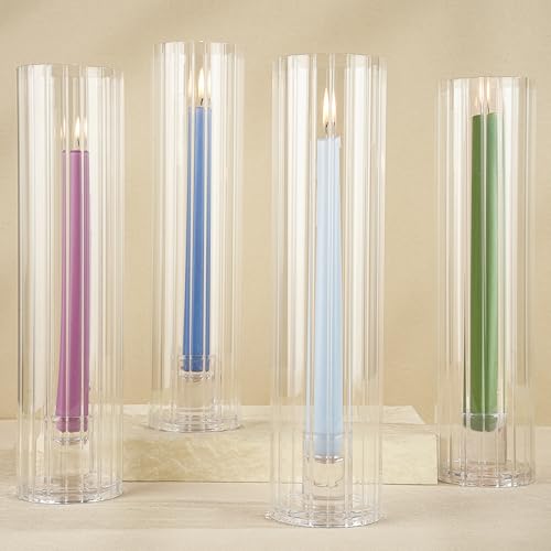 Hurricane Candle Holder Thickened Ribbed Cylinder Covers Taper Candle Sticks Holder Glass Tall Candlesticks Holders Centerpiece for Wedding Dining Table, 4 Pcs - color: Clear Ribbed
