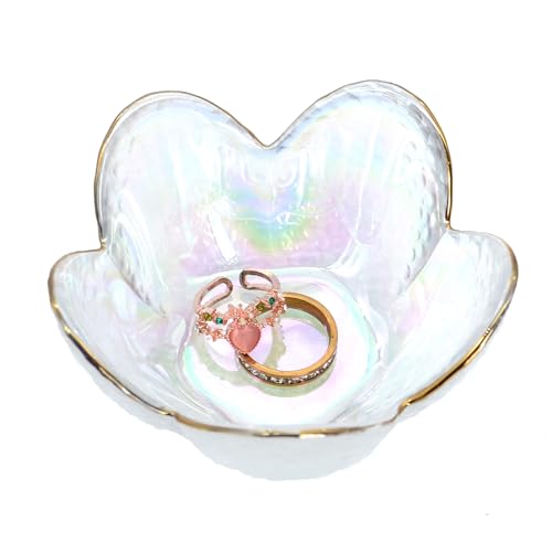 Rainbow Flower Ring Dish Jewelry Tray, Small Glass Trinket Tray for Rings Earrings, Present for Wife Mom Daughter Women - color: crystal rainbow color