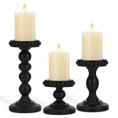 Mumufy 3 Pcs Candle Holders for Pillar Candles Rustic Farmhouse Home Decor Decorative Washed Beaded White Black Wood Candle Holder Country Style for Table Mantel Fireplace Wedding(Black,Small) - color: Black, size: Small