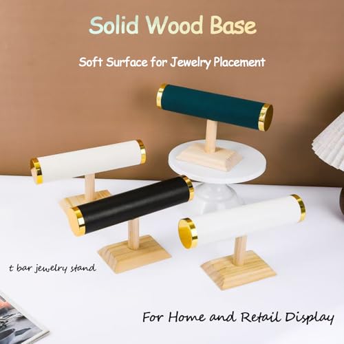 Jewelry Display T-Bar Stand – 9 inch Beige Textured Velvet Bracelet Holder with Gold Metal Ends, 1-Tier Jewelry Organizer with Natural Pine Base, Bangle & Watch Display for Retail & Vanity - color: Beige Textured Velvet