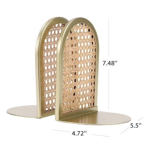 Home Decor Series Gold Natural Rattan Tabletop Bookends - Non-Skid Book Organizer for Home Office Shelf Bedroom Library Decor