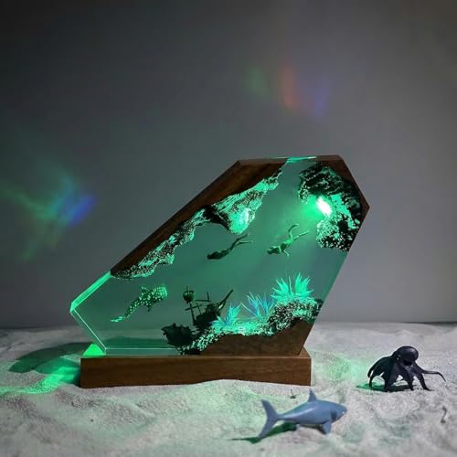 Ocean Creative Epoxy Resin Wood Light Lamp, Handmade Multi Color Aquatic Ocean Lamp Deep Sea Diver Cave Diving Enthusiasts Led Night Light Desktop Decor Christmas Birthday Gift (Couple Diver, S) - color: Couple Diver
