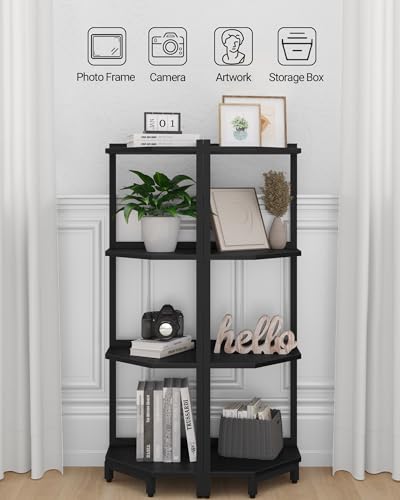 Hzuaneri Corner Shelf Stand, Corner Bookshelf, Storage Standing Shelf Unit with Metal Frame, Plant Stand, Bookcase for Living Room, Home Office, Bedroom, 4-Tier Black CS05806B - color: Black, size: 4 Tier