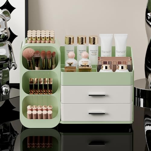 Booklov Makeup Organizer for Vanity, Large Capacity Cosmetic Display Case with Drawers, Countertop Beauty Storage Holder for Skincare, Brush Eyeliner Eyeshadow Lipsticks, Counter Desk, Cream Green - color: Green & Cream, size: L01