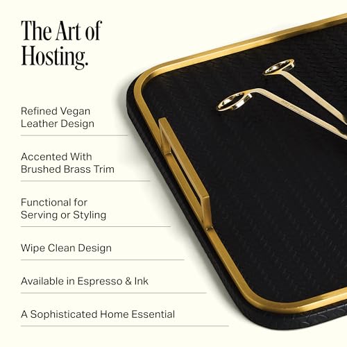Preston Lane Mayfair Decorative Tray – Vegan Leather with Woven Texture, Brushed Brass Handles – Serving, Dresser & Coffee Table Tray, Ink - color: Ink