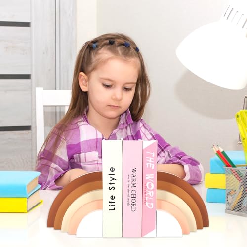 JarThenaAMCS 2Pcs Boho Rainbow Wood Bookends Arch Book Stands Non Skid Decorative Book Ends for Home Nursery Office Library Books Movies CDs Supplies