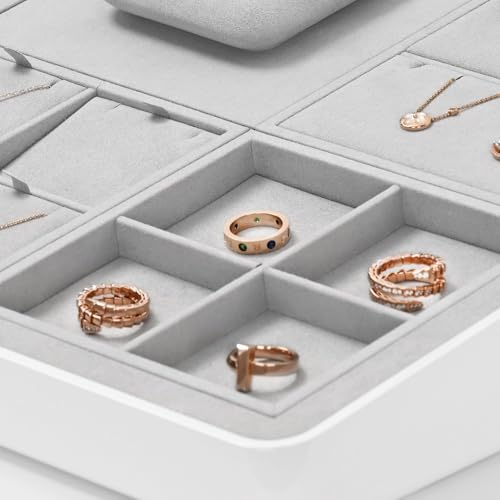 Microfiber 4 Grids Stackable Jewelry Display Trays Showcase Jewelry Organizer Storage Trays(Gray) - size: 5.51" x 5.49" x 0.78"