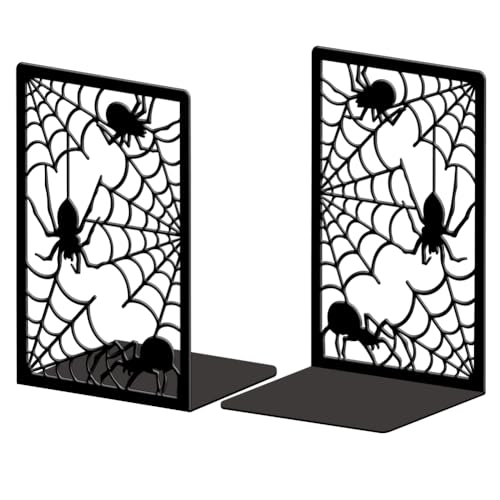 Peacoblue Metal Bookends for Shelves, Modern Decorative Heavy Duty Study Book Ends Stoppers for Office, Desk, Shelf, Room 5.3"x4.3"x7.9" Cast Iron Simple Tall Bookends 1 Pair (Spider and Spider Web) - style: Spider and Spider Web