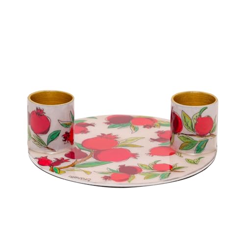 Yair Emanuel Flat Plate Candle Holders for Shabbat 4 Inch Vibrant Pattern Design Modern Judaica Gift (CSE-1 Pomegranates) - color: Cse-1 Pomegranates