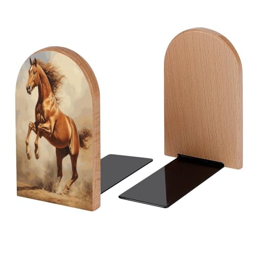 Book Ends Jumping Horse Wood Bookends for Shelves to Hold Books Heavy Duty Non-Skid Book Stoppers Wood Decorative Home Office School