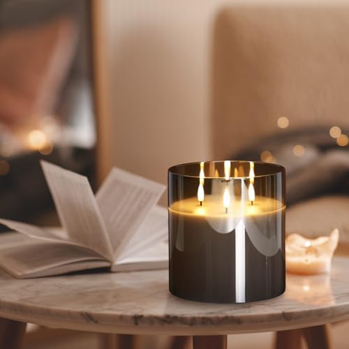 Eywamage 3 Wick Smoke Grey Glass Flameless LED Candle with Remote, Flickering Large Battery Pillar Candle Decor Φ 6" H 6" - color: Grey Glass