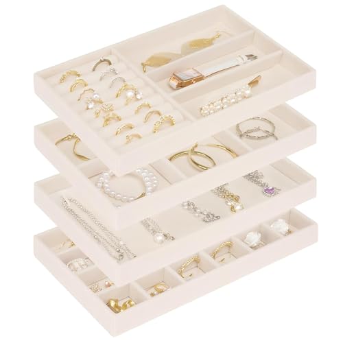 Cirhy Velvet Jewelry Drawer Organizer Trays – Stackable Jewelry Trays for Drawers, Set of 4 Jewelry Organizer for Drawer Inserts, Display Storage Box for Earrings, Rings, Necklaces, Bracelets - color: beige