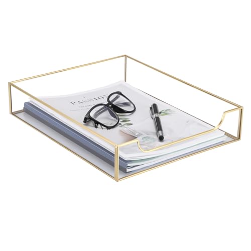 BTSKY 1 Pack Golden Glass Desk Tray, Multi-Purpose Organizer for A4 Paper, Documents, Desk Supplies, Makeup, Clear File Tray with Metal Frame, Stackable Decorative Storage for Home Office Vanity