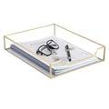 BTSKY 1 Pack Golden Glass Desk Tray, Multi-Purpose Organizer for A4 Paper, Documents, Desk Supplies, Makeup, Clear File Tray with Metal Frame, Stackable Decorative Storage for Home Office Vanity