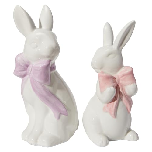 WDS WONDROUS 2PCS Easter Decoration Bunny Decor - Spring Easter White Rabbit Sculpture, Ceramic Statues with Bow for Farmhouse Home Decor Tabletop Shelf Mantel Dining Table Centerpiece