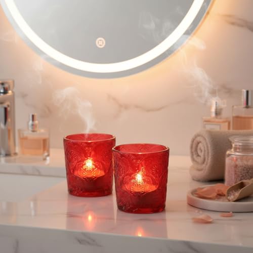 12 Pack Mandala Embossed Glass Candle Holders – Votive Tealight Holders with Patent Design, Decorative Embossed Glass Cups for Wedding Centerpieces, Parties, and Home Décor (Crimson Glow) - color: Crimson Glow