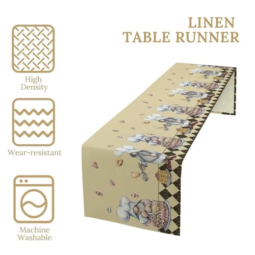 Cartoon Dwarf Chefs Table Runner Delicious Dessert Privacy Retro Lattice Beige Brown Table Runners Kitchen Dining Table for Home Party Decor 13x36in - color: Beige, size: 13x36in