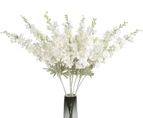 8PCS White Delphinium Artificial Flowers Larkspur Fake Flowers 33.5in Long Stem Faux Silk Flowers Bulk for Tall Vase for Home Wedding Floral Arrangement Centerpiece Table Decorations (White) - color: White