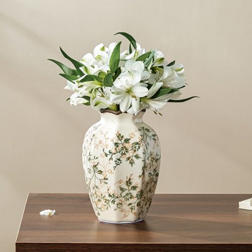 for Mom from Daughter or Son, Vintage Pastoral Octagonal Ceramic Vase 6.7”, Green Chinoiserie Floral Small Vase, Rustic Farmhouse Decor for Living Room, Kitchen, Bedroom - color: 03-green and Beige