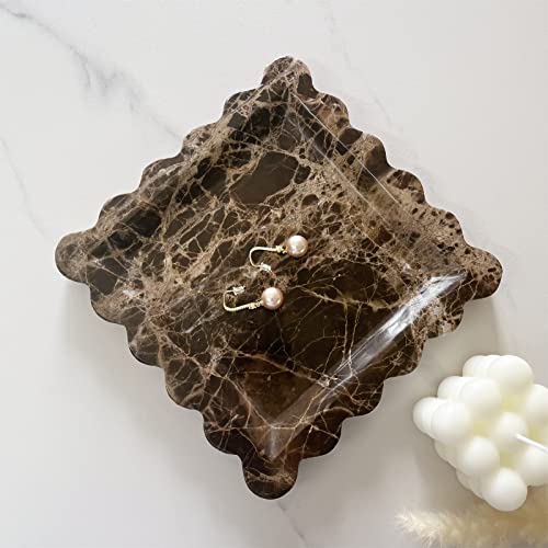 Vintage Natural Marble Tray Small Ornaments Scalloped Tray Handmade Storage Dish for Counter, Vanity, Dresser, Nightstand and Desk (Coffee Net) - color: Coffee Net