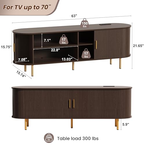 DHH 63 Inch Mid Century Modern TV Stand with Power Outlet for TVs up to 70 Inch, Entertainment Center with Storage and Adjustable Shelves, Media Console with Sliding Doors for Living Room(Dark Walnut) - color: Dark Walnut, size: 63 Inch