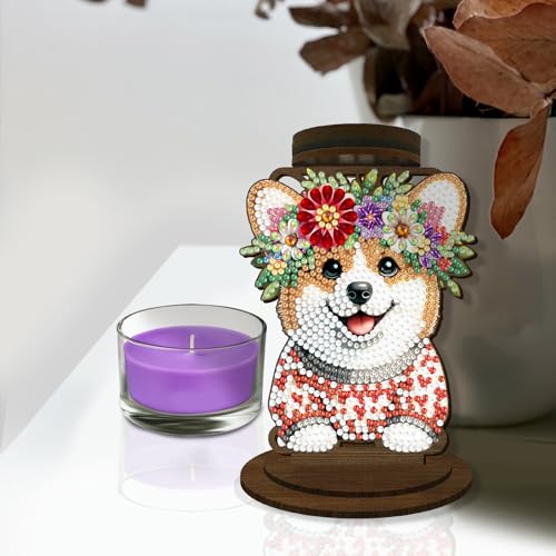 BAYUNOE DIY Candlestick Holders Wooden Desktop Diamond Art Painting Candle Holder Double-Sided Diamond Vintage Modern Decorative for Table Mantel Wedding Dinning Party-Dog - color: Dog