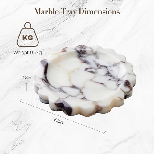 SAMAH Calacatta Viola Natural Marble Tray, Scalloped Bathroom Tray, Luxury Decorative Trays for Bathroom, Vanity, Dresser, Kitchen & Home Decor, Valentine's Day House Warming Gifts New Home(Round) - size: 6.3"