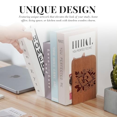 Wood Bookends, Book Ends for Shelves with Decorative Alphabet A and Z Design - Heavy Duty Iron & Ebony Wood Book Ends for Shelves Bookcase Desk - 1 Pair - R - color: R