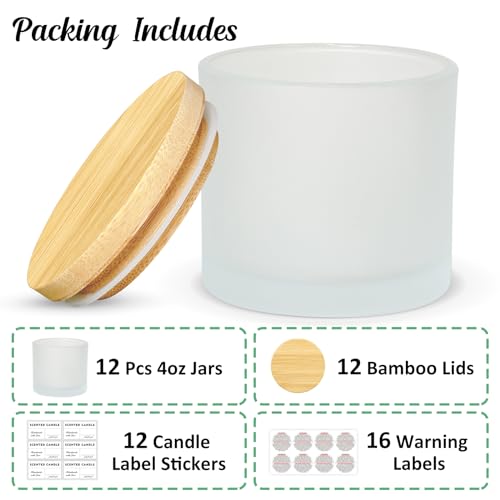 SUPMIND 4oz Candle Jars 12 Pack - Frosted Bulk Small Glass Candle Containers with Bamboo Lids, Stickers and Labels - Dishwasher Safe - color: Frosted, size: 4oz