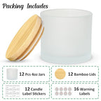 SUPMIND 4oz Candle Jars 12 Pack - Frosted Bulk Small Glass Candle Containers with Bamboo Lids, Stickers and Labels - Dishwasher Safe - color: Frosted, size: 4oz