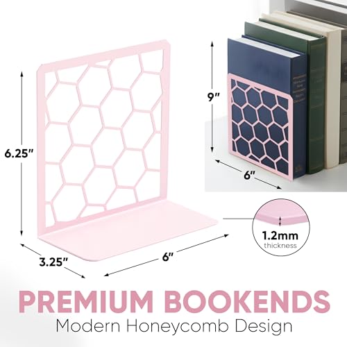 GEOMOD Geometric Honeycomb Pink Metal Bookends Decorative - Tall Sturdy Book Ends for Shelves - Modern Heavy Duty Bookend Stopper - Office or Home Book Shelf Book Holder - 6x3.25x6.25 Inches - 1 Pair - color: Pink, size: 1 Pair, style: Honeycomb