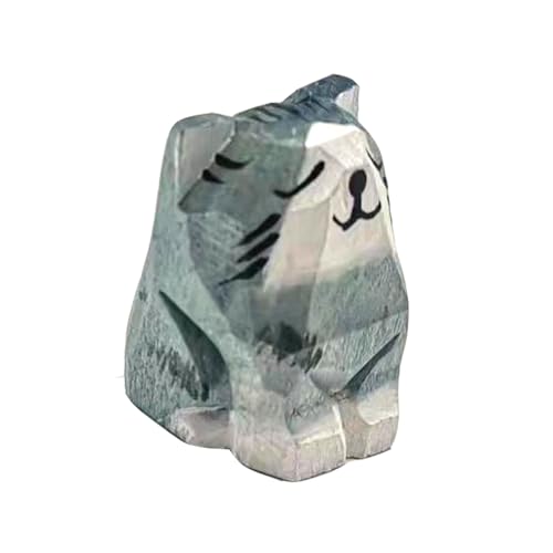 Wooden Cat Figurines Sculpture Statue Lovely Small Carved Orange Cat Statue Handmade Wood Kitten Art Carving Work for Home Office Decoration (Blue Cat) - color: Blue Cat