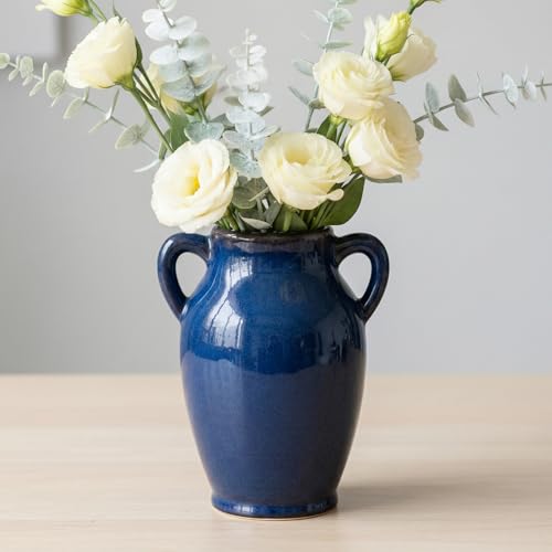 Sunddo Blue Ceramic Vases for Home Decor - 8 inch Blue Flower Vase with Handles, Farmhouse Country Vase for Pampas Grass, Fireplace, Centerpieces, Living Room, Table, Shelf Decor - color: Retro Blue - 8, size: 8 Inch