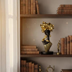 Lescafita African Woman Art Sculpture with Gold Floral Crown, Black and Gold Striped Statue,Elegant African-Inspired Art Gift suitable for various settings such as home, bookshelves, desks, or offices - color: 704-gold