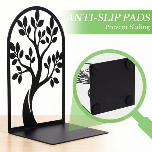 Sanwarm Metal Bookends Botanical Tree Book Ends Decorative Bookend for Home Office Library Desk Book Shelves Decor, Gift for Reading Enthusiasts Non-Skid Book Stoppers Holder (Black 2 Pair) - color: Tree