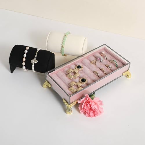 GemeShou velvet slots Ring holder for jewelry organizer, Earring ring display stand for selling, felt ring jewelry holder tray showcase【Velvet slots Ring Holder-Pink】 - color: Pink