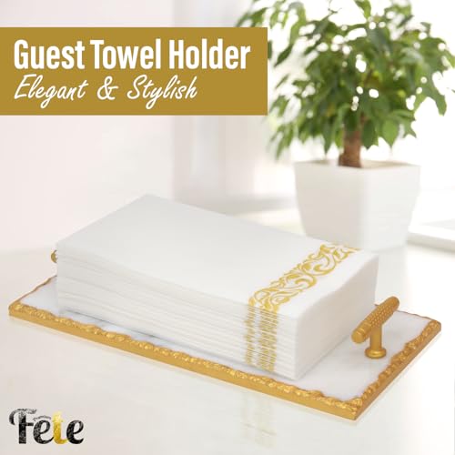 Guest Towel Holder Tray for Bathroom - Premium Marble Tray with Gold Rim - Bathroom Hand Towel Tray, The Perfect Vanity Tray for Bathroom. Ideal Valentines Day Gift. - color: Gold Rim