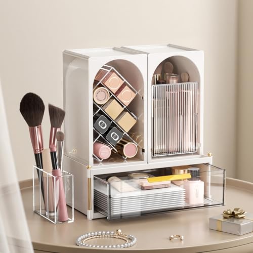 INVSSENE Stackable Makeup Organizer Countertop, Storage Perfume Skincare Cosmetic Lipstick Face Mask Makeup Brush Palettes, Ideal for Vanity Bathroom Counter - color: 3515 White+Clear
