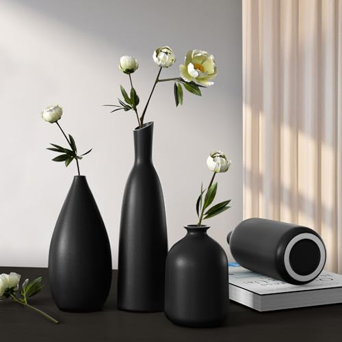 Black Ceramic Vase Set of 4,Modern Minimalist Vase Decor for Bookshelf,Dining Room Coffee Console Table Centerpieces - color: Black*4