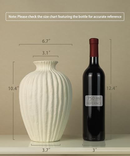 Handmade Ceramic Decorative Vase – Warm White Rustic Textured 10.4” Round Vase with Irregular Waves and Weathered Stone Finish for Home, Office, Farmhouse Decor - size: Large