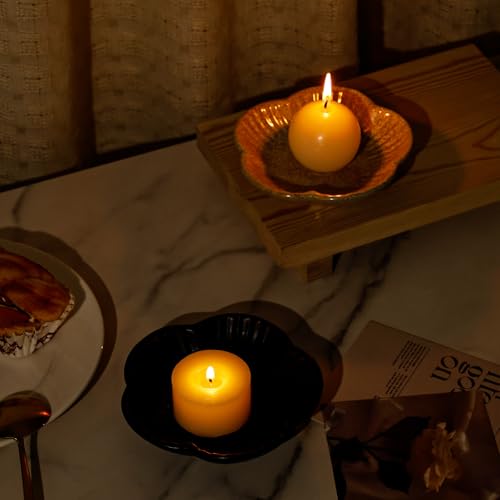 Koythin Ceramic Candlestick Holder for Pillar Candles, Floral Shape Candle Stand & Dish Bowl for Candlesticks, Incense, Decorative Ceramic Plate Tray for Table Centerpiece and Home Decor (Black) - color: Black