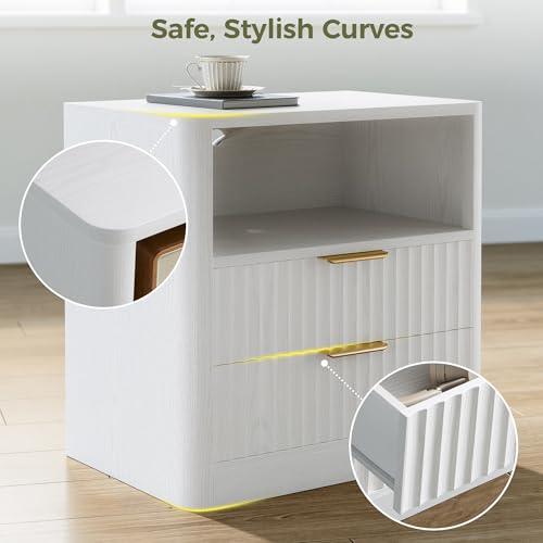 IRONCK Fluted Night Stand Set of 2, Modern Nightstand with Charging Station, Drawers and Open Shelves - Bedside Table Wood Side Table Set for Bedroom, White - color: White
