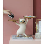 Surakey Resin Cartoon Cat Sculpture with Metal Tray Animal Statue Figurine Storage Tray Key Tray Sundries Candy Container Nut Tray Double Tray for Home Desk Decor Gift (Gray)