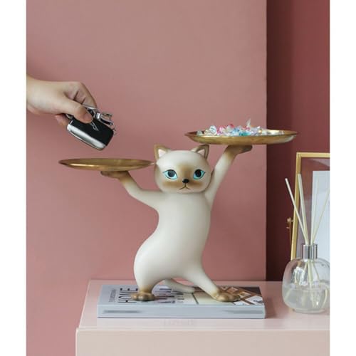 Surakey Resin Cartoon Cat Sculpture with Metal Tray Animal Statue Figurine Storage Tray Key Tray Sundries Candy Container Nut Tray Double Tray for Home Desk Decor Gift (Gray)