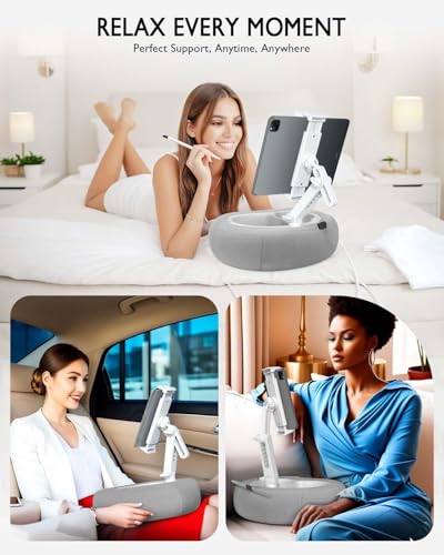 Tablet Pillow Stand, Compatible with 5"-12.9" Kindle, iPad, Phone/Tablet, Google, Samsung, 360° Rotating Phone Holder for Bed, Soft Plush Fabric, Detachable Bowl, Reading and Relaxation on Bed, Gray - color: Gray